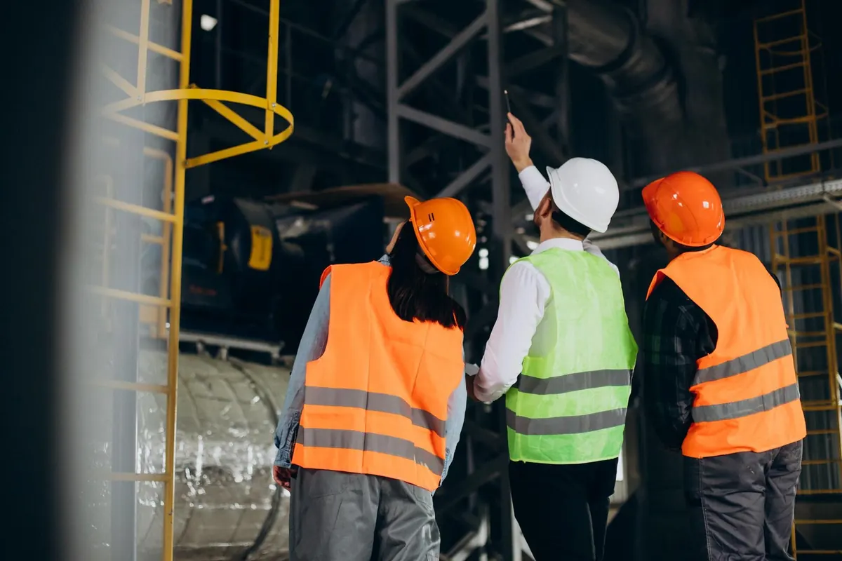 Técnicos de segurança do trabalho com capacete e colete em uma indústria